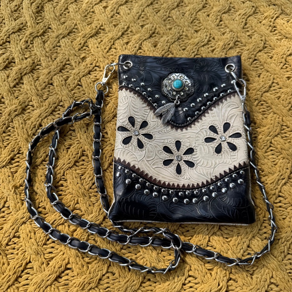 Western Tooled Floral Crossbody Purse Bag Turquoise Concho Studded Black Cream